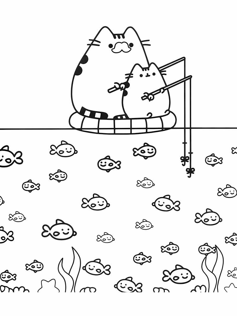 Gatinhos Kawaii com Peixinhos para Colorir