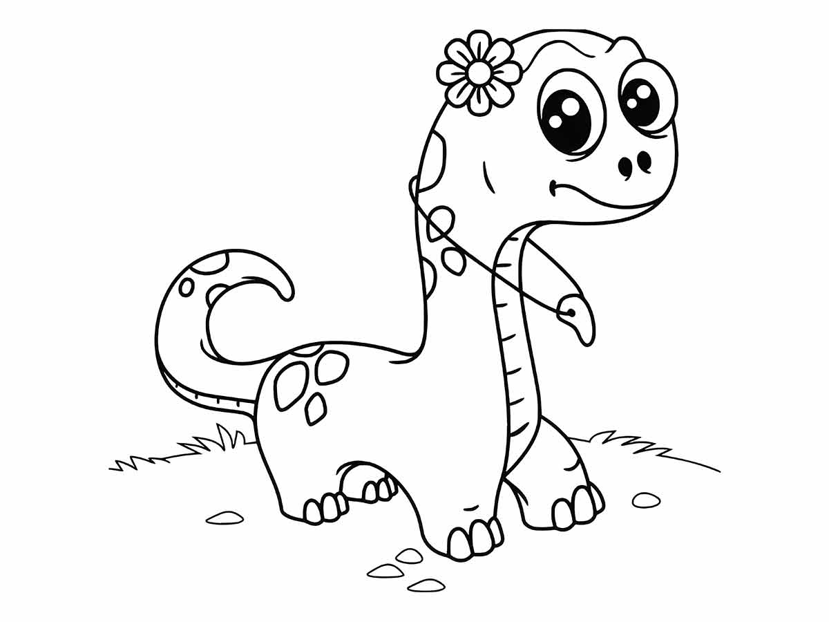 Desenho para colorir de um dinossauro com uma flor na cabeça. Ele tem manchas no corpo. Ele pode ser um Protoceratops, um dinossauro herbívoro que viveu no final do período Cretáceo.