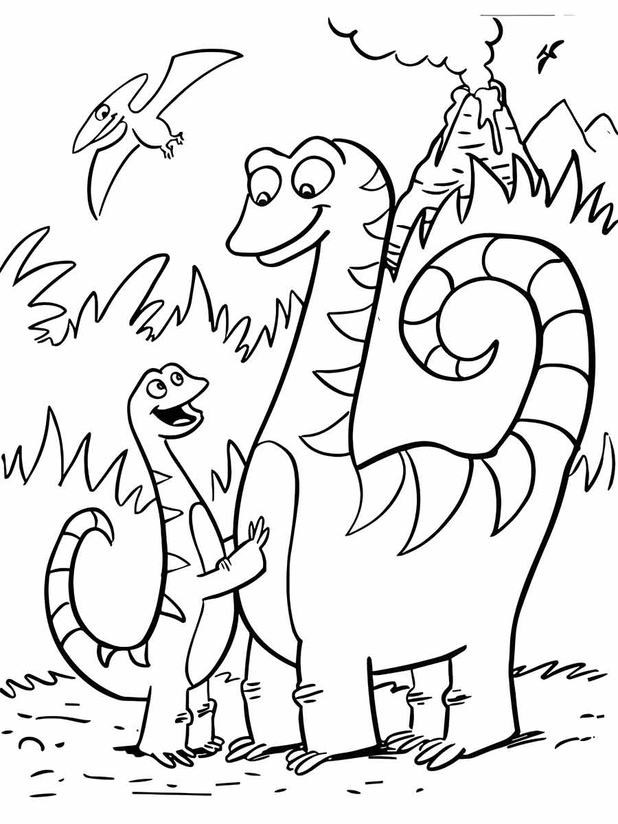 Desenho para colorir de um dinossauro herbívoro chamado brachiosaurus, que tinha patas dianteiras mais longas que as traseiras e um pescoço muito comprido. Ele podia atingir 12 metros de altura e 23 metros de comprimento.