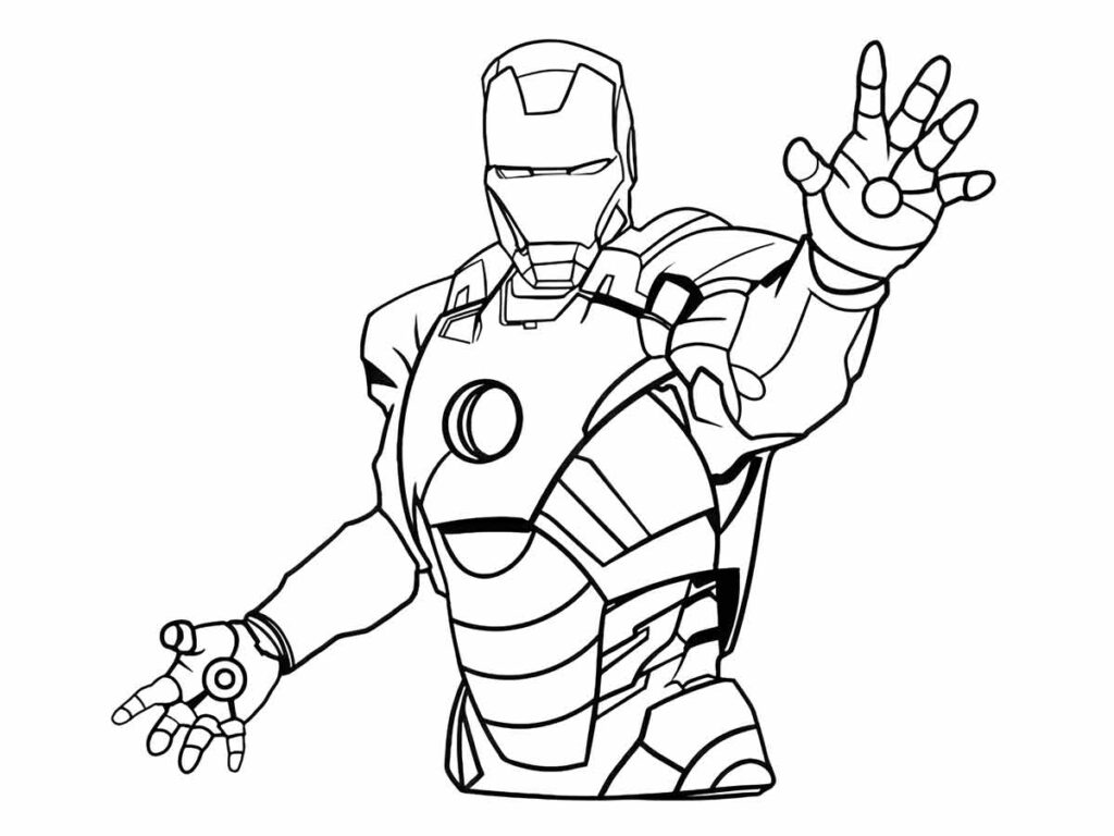 Desenho para colorir do Homem de Ferro, um super-herói da Marvel Comics. Ele parece pronto para lutar contra seus inimigos.