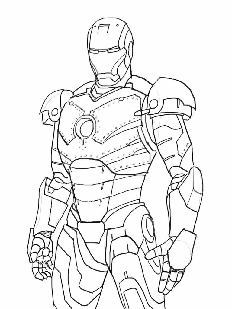 Desenho para colorir do Homem de Ferro, um super-herói que usa uma armadura tecnológica. Ele está pronto para combater os vilões com seus repulsores e seu reator arc. Ele é um dos Vingadores, uma equipe de heróis da Marvel.