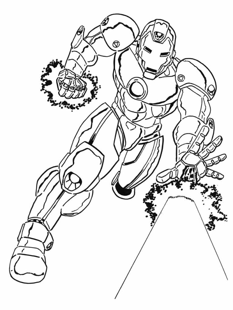 Desenho para colorir do Homem de Ferro em uma pose de ação. Ele está usando sua armadura, com um reator no peito. Ele está disparando raios de suas mãos, criando um efeito de explosão.