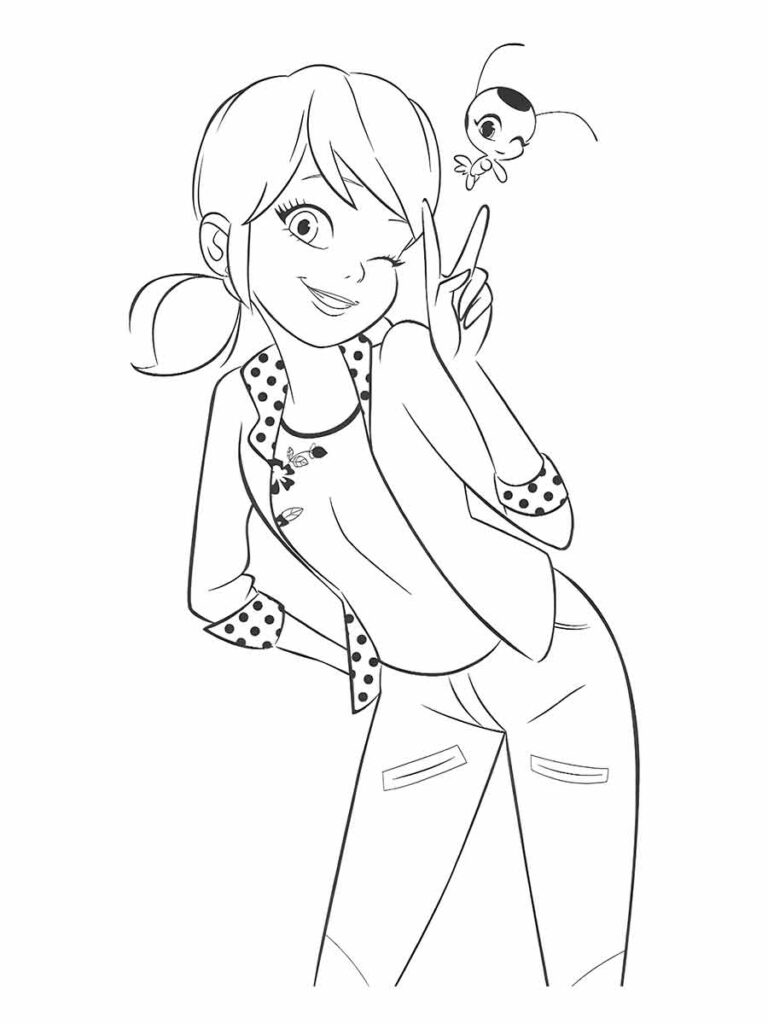 Desenho para colorir de Marinette Dupain-Cheng. Ela é uma estudante que se transforma na super-heroína Ladybug quando precisa combater o vilão Hawk Moth. Ela usa uma camisa de bolinhas e jeans com remendos nos joelhos. Uma pequena joaninha está pousada em seu dedo.