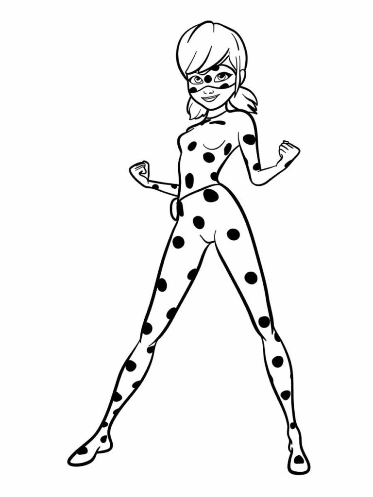 Desenho para colorir de Ladybug Ela é uma super-heroína que usa um ioiô mágico para lutar contra o vilão Hawk Moth. Ela é a identidade secreta de Marinette, uma estudante francesa que se transforma com a ajuda de seu kwami Tikki.