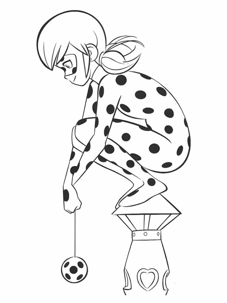 Desenho para colorir de Ladybug, Ela tem um ioiô mágico que usa como arma e como meio de transporte. Ela é a protagonista da série de animação Miraculous: As Aventuras de Ladybug e Cat Noir.