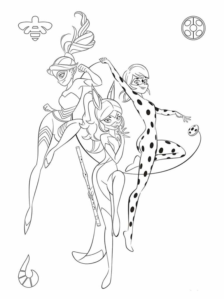 Desenho para colorir de Miraculous Ladybug e Cat Noir, personagens da série de animação Miraculous: As Aventuras de Ladybug e Cat Noir. Eles estão em poses de ação com Ladybug segurando um ioiô e Cat Noir segurando um bastão. O fundo consiste em alguns desenhos simples de uma abelha, um rolo de filme e um croissant.