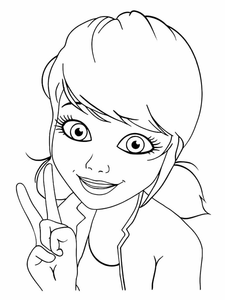 Desenho para colorir de marinette de Ladybug. Ela está sorrindo, Esse desenho pode ser usado para expressar alegria, amizade, harmonia ou diversão. Você pode colorir o desenho como quiser, usando as cores que mais gosta.