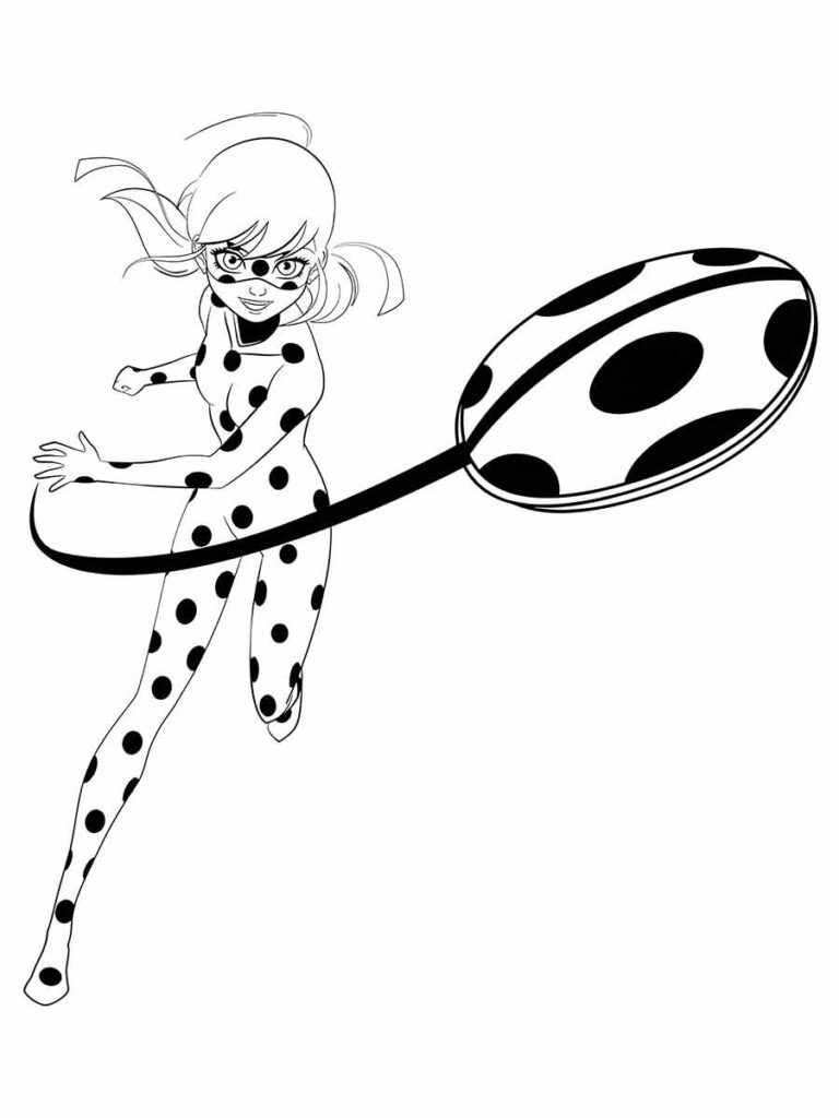 Desenho para colorir de Ladybug, personagem da série de animação Miraculous: As Aventuras de Ladybug. Ela está em uma pose dinâmica, com os braços e as pernas estendidos. Ela está usando um macacão com bolinhas pretas. Seu cabelo está preso em um rabo de cavalo alto com uma fita. Ela está segurando um ioiô grande com bolinhas pretas e brancas, que é sua arma.