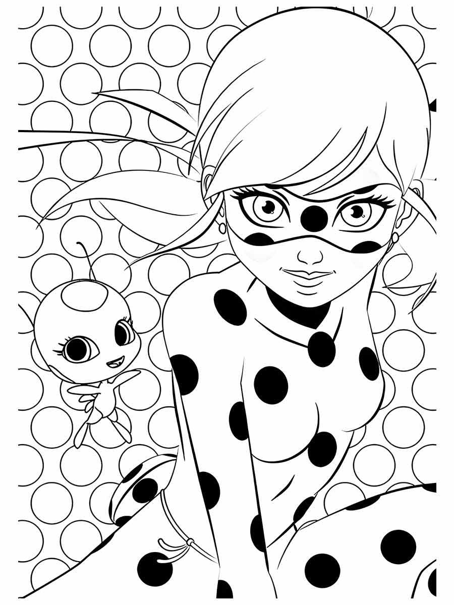 Desenho para colorir de Ladybug, Ela usa um traje vermelho com bolinhas preta. Ela está em uma pose dinâmica com os braços e as pernas abertos. Atrás dela há um fundo de grandes bolinhas. À esquerda de Ladybug há uma pequena figura de uma joaninha com um rosto humano.