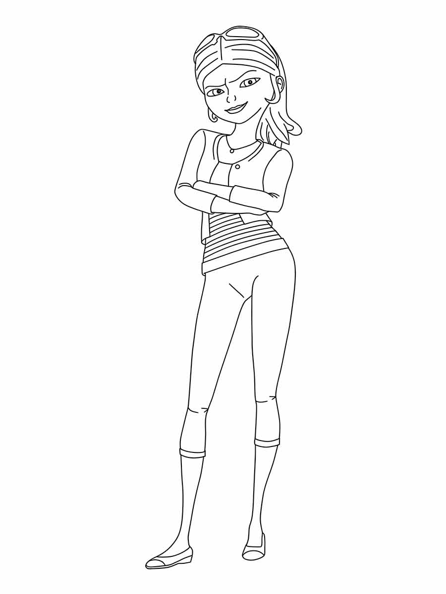 Desenho para colorir de uma garota de ladybug com um rabo de cavalo, uma camiseta e calças justas. Ela está de pé.