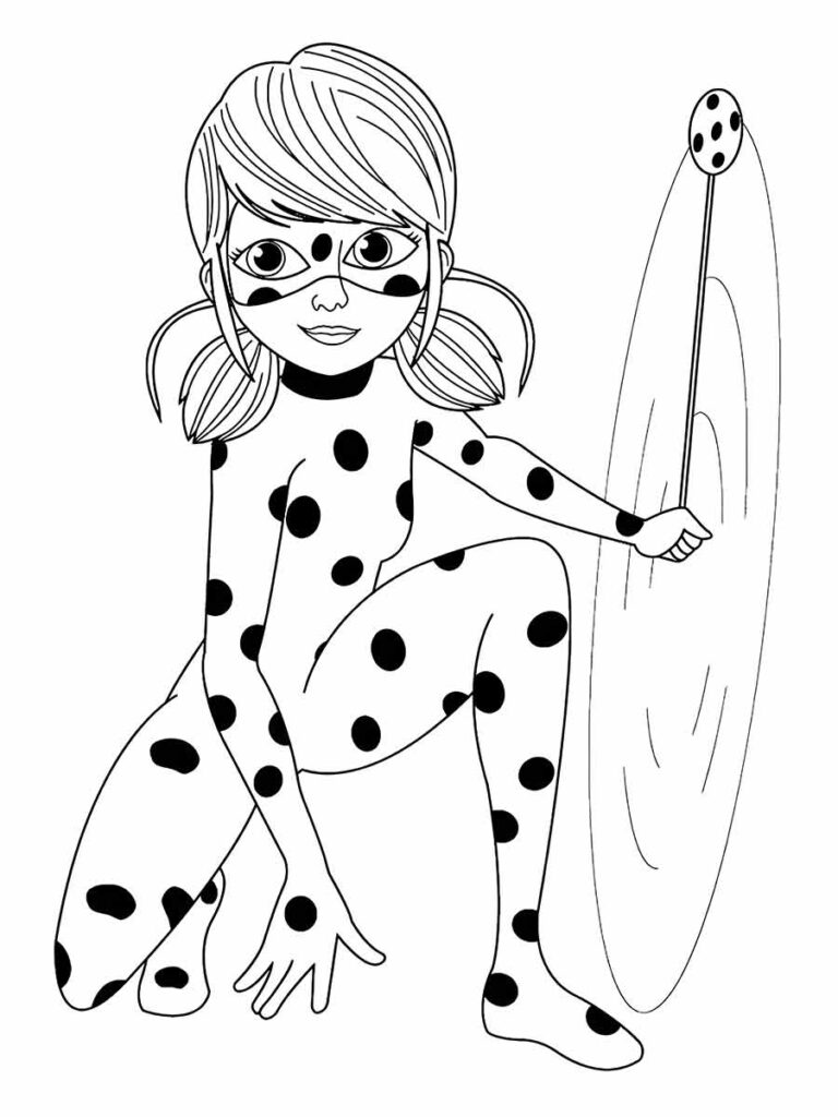 Desenho para colorir de Ladybug, a heroína que combate o mal com seu ioiô mágico. Ela é a identidade secreta de Marinette, uma estudante francesa que se transforma com a ajuda de seu kwami Tikki. Ela faz parte da série de animação Miraculous: As Aventuras de Ladybug.