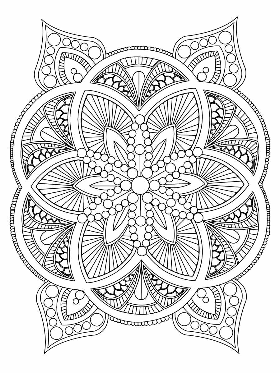 Desenho para colori de uma mandala. A moldura é feita de padrões e desenhos intrincados, com um design simétrico com quatro cantos que são idênticos. A mandala tem uma borda que é feita de pequenos círculos.