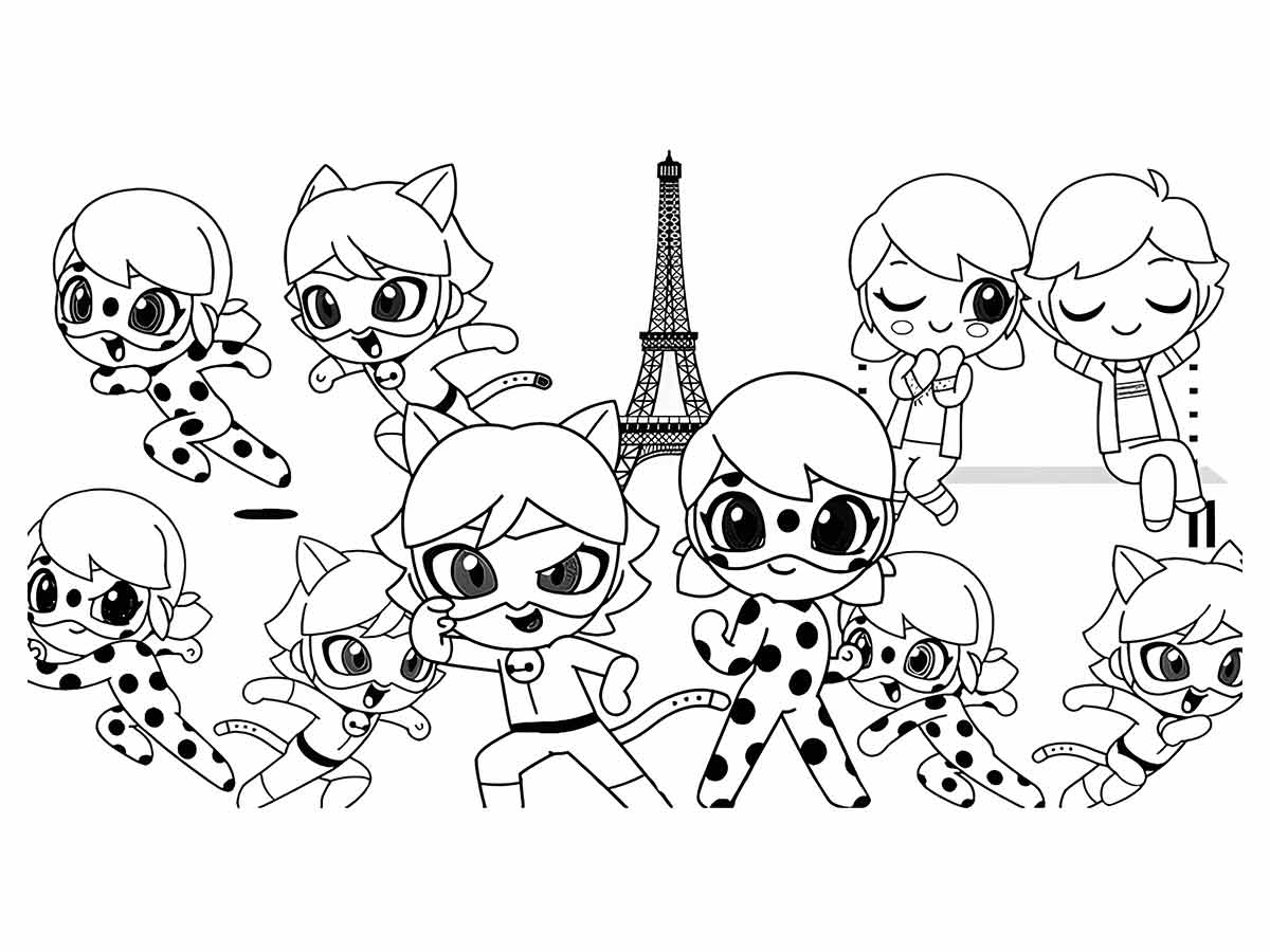 Desenho para colorir de Ladybug, uma super-heroína de uma série de televisão francesa que luta contra o mal com seu parceiro Cat Noir. Ela usa um traje vermelho com bolinhas pretas e um ioiô mágico. Ela está em várias poses e ângulos, com diferentes expressões faciais. O fundo mostra a Torre Eiffel e outros pontos turísticos de Paris.