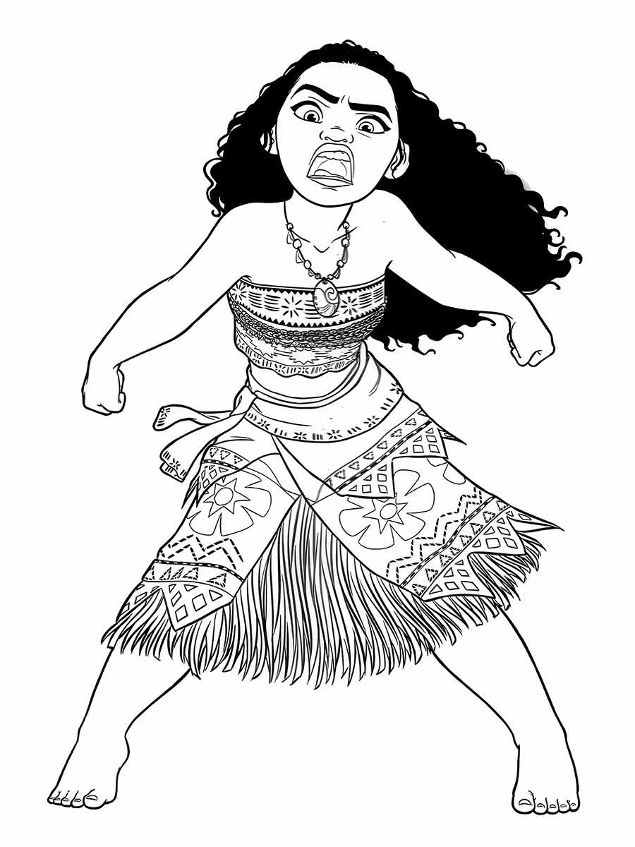 Desenho da Moana para colorir, a protagonista do filme de animação da Disney. Moana é uma garota polinésia que tem uma conexão especial com o mar. Ela é aventureira, corajosa e determinada a restaurar o equilíbrio do mundo