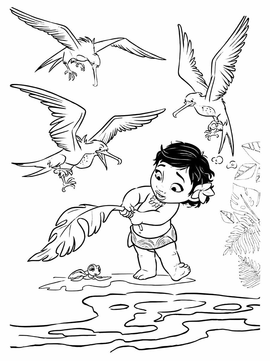 Desenho para colorir de Moana, Ela segura uma grande folha para proteger o bebê tartaruga das três gaivotas que está voando acima dela.