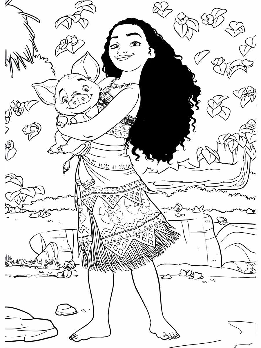 Desenho da Moana e Pua para imprimir e colorir