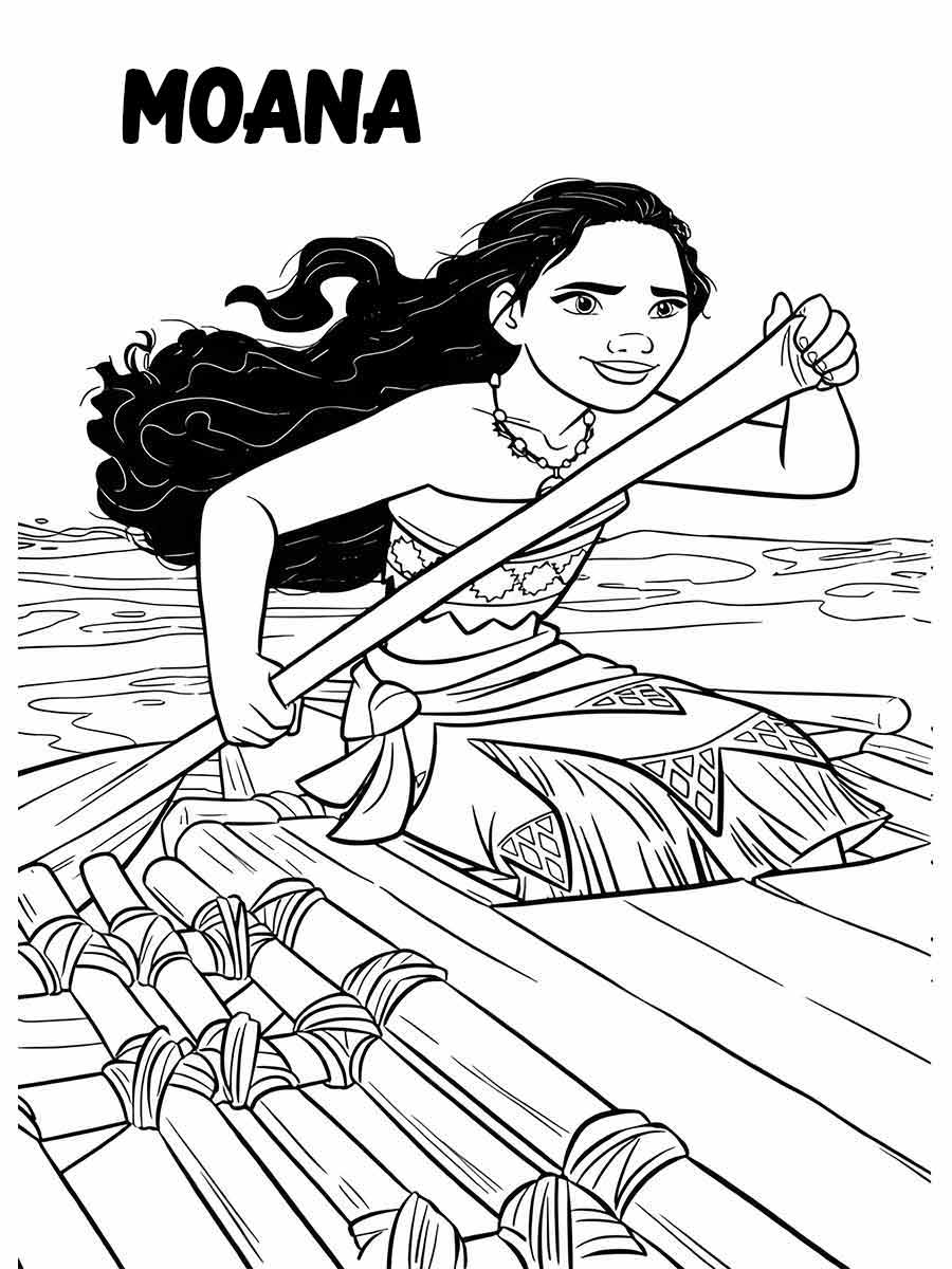 Desenho para colorir da Moana, a protagonista do filme de animação da Disney que leva o seu nome. Ela está em um barco de bambu com uma vela.