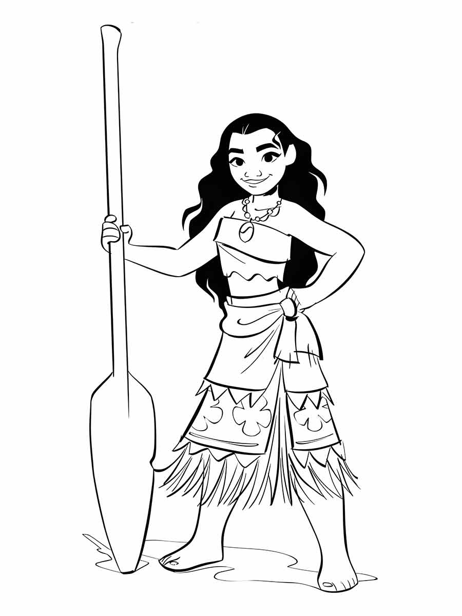 Desenho para colorir da Moana, Ela está em pé com a mão esquerda no quadril e a mão direita segurando um remo. Ela está descalça e tem um colar no pescoço.