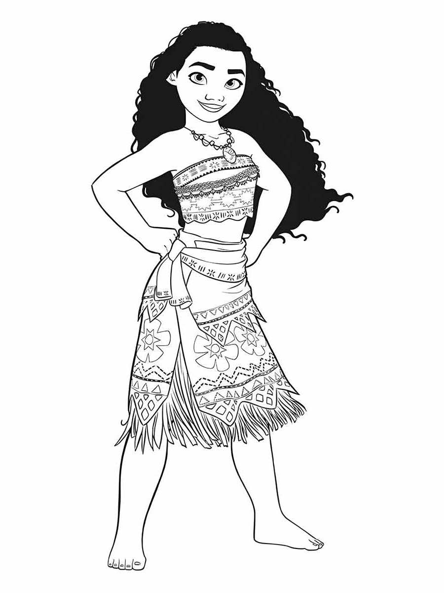 Desenho para colorir da Moana, a jovem aventureira que parte em uma jornada pelo oceano para salvar seu povo. Moana é uma personagem do filme de animação da Disney de mesmo nome. Ela é corajosa, determinada e apaixonada pela natureza. Ela usa um colar com uma pedra azul que representa o coração de Te Fiti, a deusa da vida