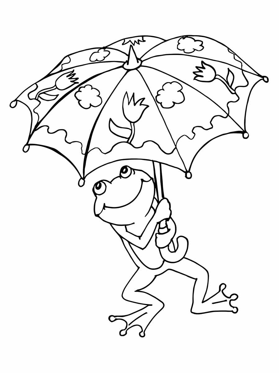 Desenho para colorir de um sapo segurando um guarda-chuva. O sapo é um personagem de um livro infantil e carrega um guarda-chuva enfeitado com flores e folhas.