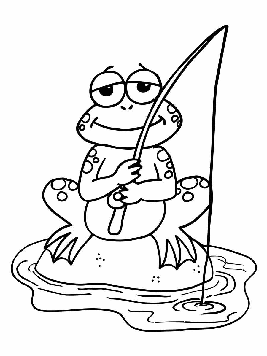 Desenho para colorir de um sapo sentado segurando uma vara de pescar. Neste desenho, Ele segura uma vara de pescar longa e fina com as duas mãos.