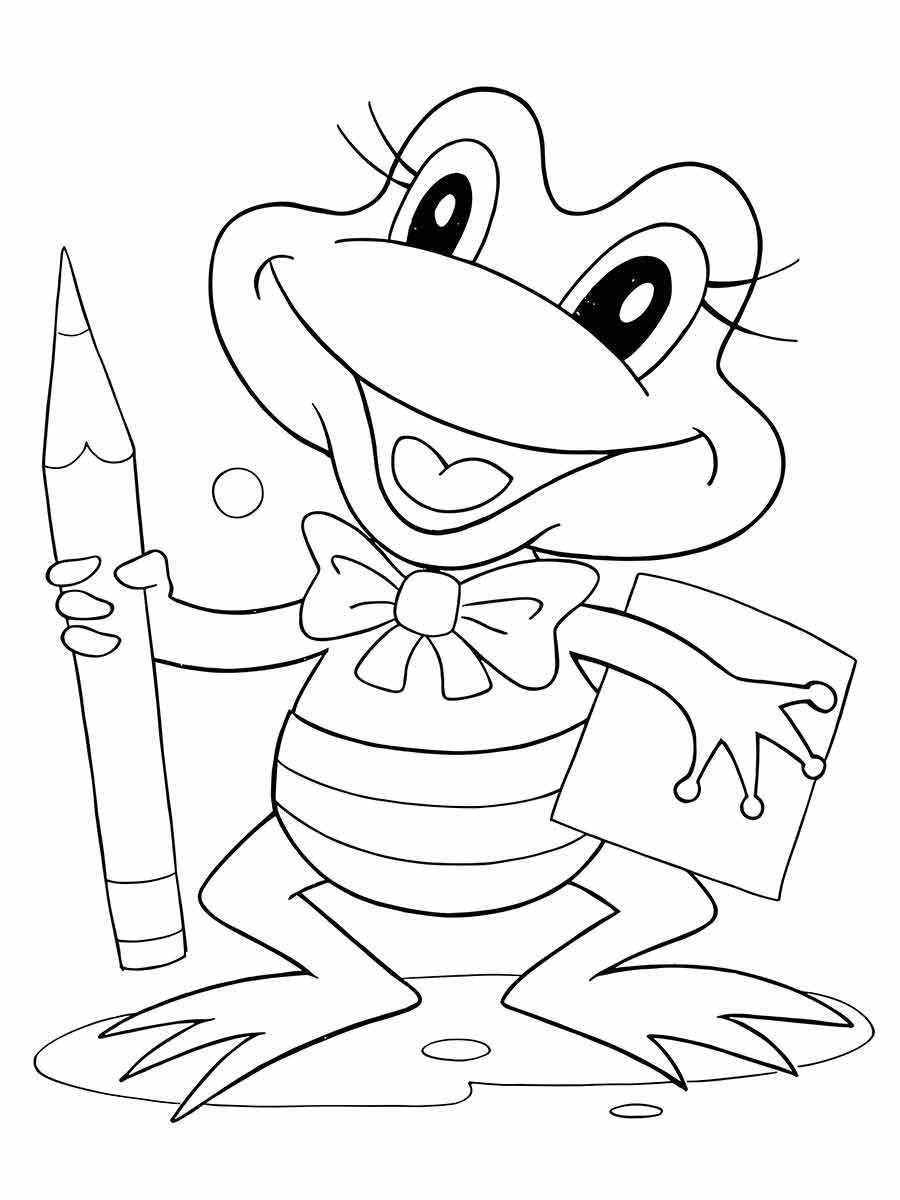 Desenho para colorir de um sapo com um lápis e um papel. Ele é um sapo inteligente e criativo que gosta de escrever histórias e poemas. Ele usa uma gravata borboleta.