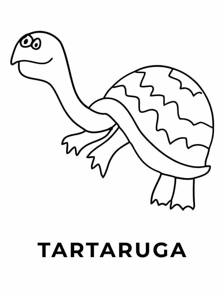 Desenho para pintar e colorir de uma tartaruga em preto e branco. A tartaruga tem uma cabeça grande e redonda com dois olhos pequenos e um sorriso. Seu corpo é oval com um padrão zigue-zague na carapaça. Ela possui quatro patas. Abaixo da imagem da tartaruga, a palavra "TARTARUGA" está escrita em letras maiúsculas.