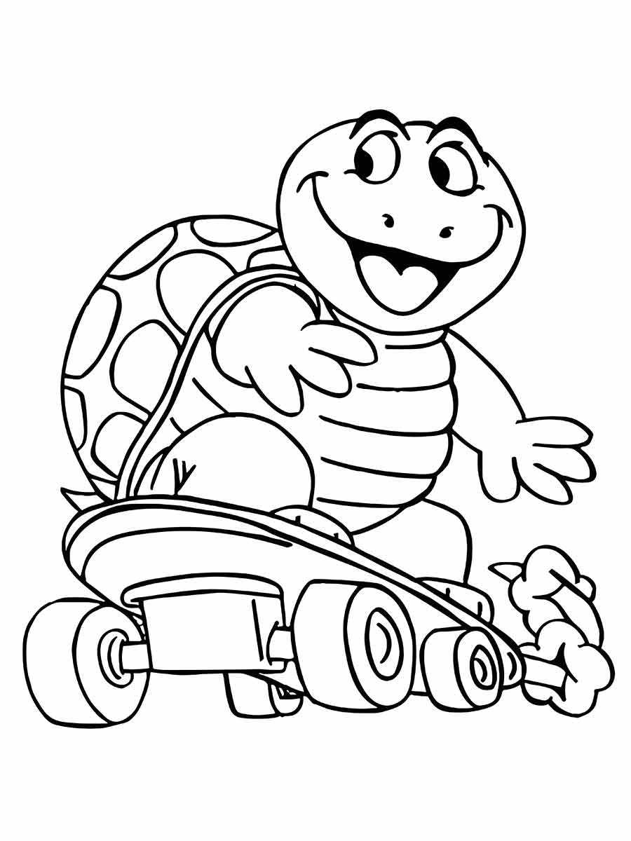 Desenho para colorir de uma tartaruga sorridente andando de skate.