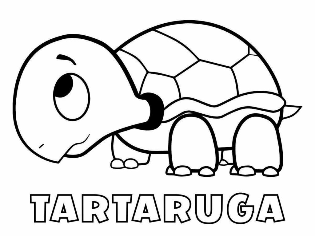 Desenho para colorir fácil de uma tartaruga em preto e branco. A tartaruga tem uma cabeça grande com um sorriso e olhos grandes. Seu corpo é coberto por uma carapaça com padrões hexagonais, e ela tem quatro patas com garras nos pés. A palavra "TARTARUGA" está escrita abaixo dela em letras maiúsculas.