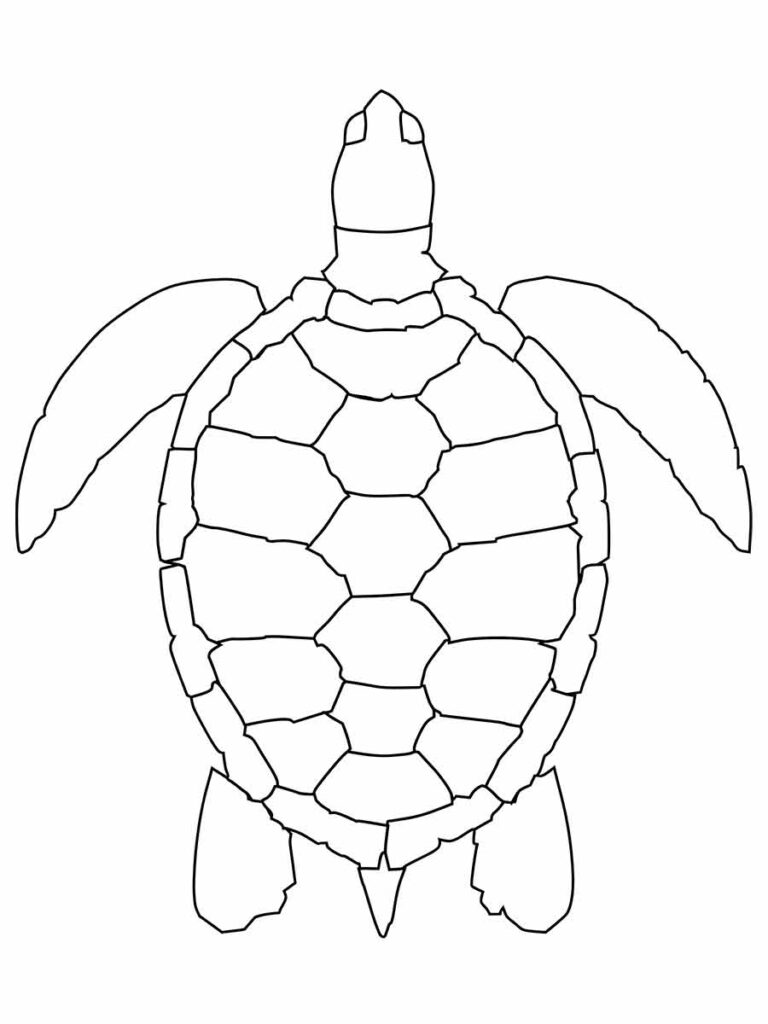 Desenho para colorir de uma tartaruga marinha em preto e branco, com casco hexagonal, quatro nadadeiras e cabeça pequena.