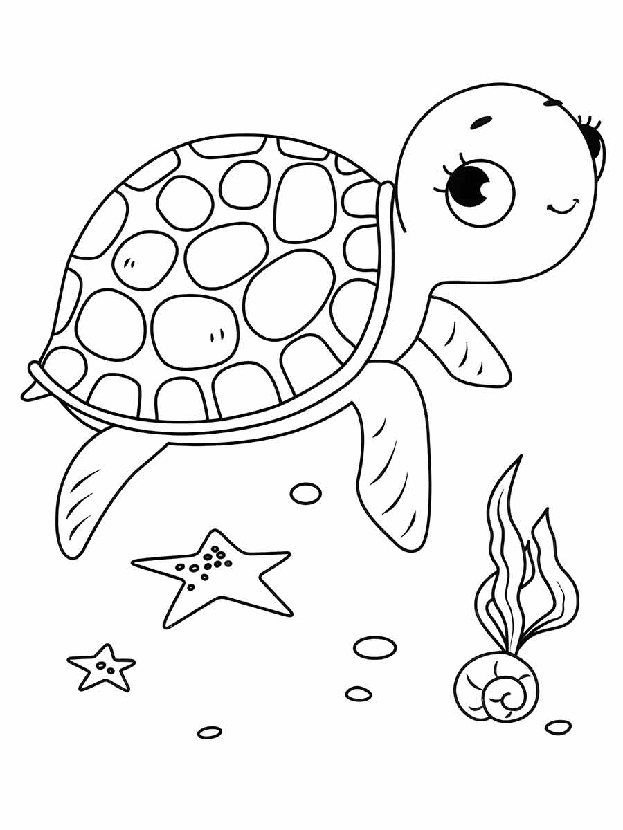 Desenho para colorir e imprimir de uma tartaruga nadando no oceano, com um grande casco redondo e olhos grandes. Ela tem quatro nadadeiras e está rodeada por duas estrelas-do-mar e um caracol. O fundo inclui algas marinhas e bolhas.