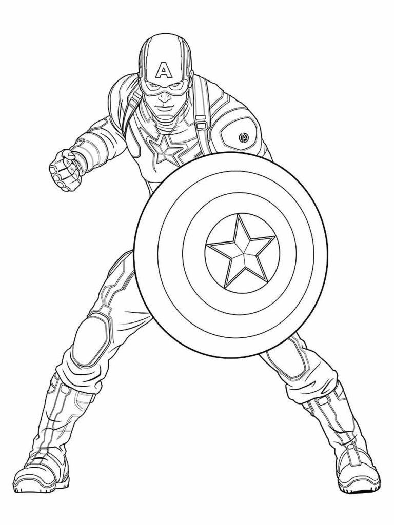 Desenho para colorir de Capitão América, o primeiro vingador e o líder dos Vingadores. Ele usa um escudo circular vermelho, branco e azul, que é feito de um metal raro chamado vibranium.