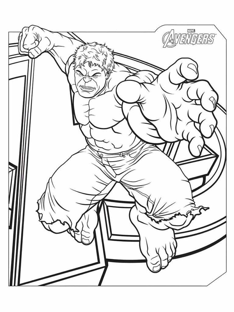 Desenho para colorir de Hulk, um dos vingadores mais fortes e furiosos. Ele é um gigante verde com músculos enormes e calças roxas rasgadas. Ele tem cabelos pretos e olhos verdes. Ele é o alter ego do cientista Bruce Banner, que se transforma em Hulk quando fica com raiva ou estressado.