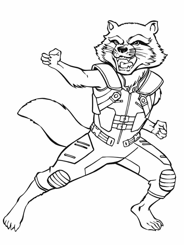 Desenho para colorir de Rocket Raccoon, um dos membros dos Guardiões da Galáxia e um aliado dos Vingadores. Ele é um guaxinim geneticamente modificado que tem habilidades de combate, pilotagem e engenharia.