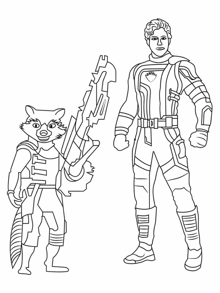 Desenho para colorir de Rocket Raccoon e Star-Lord, dois personagens dos Vingadores que fazem parte dos Guardiões da Galáxia.