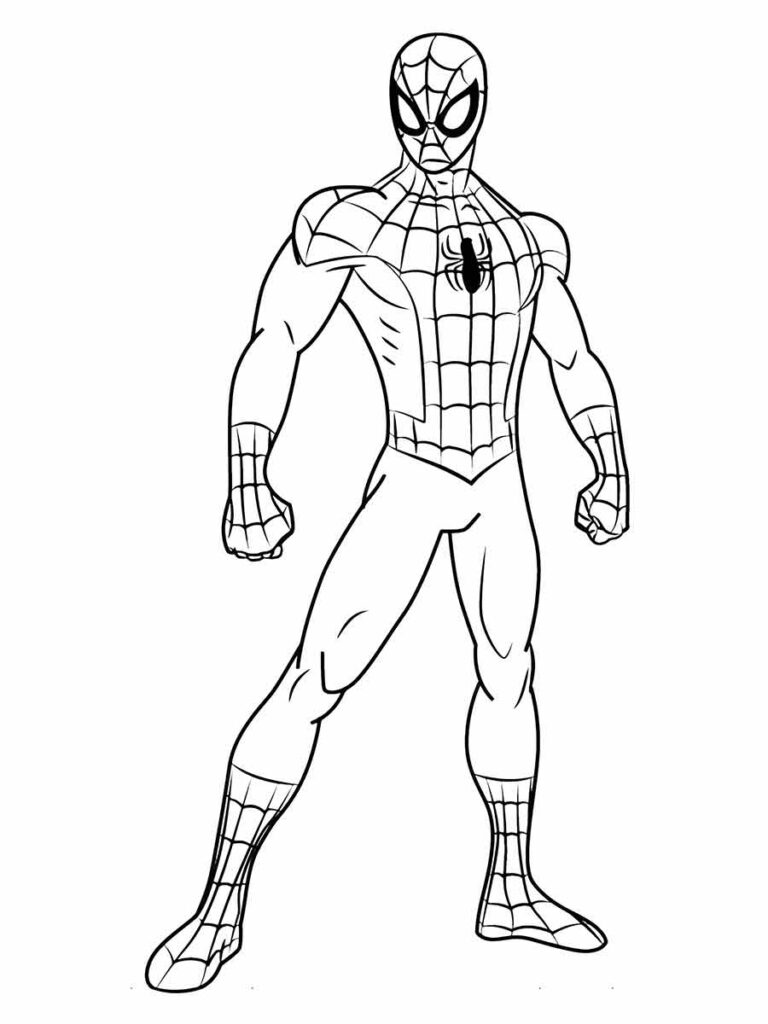 Desenho para colorir de Homem-Aranha, um dos heróis mais famosos dos Vingadores. Ele é um jovem que ganhou poderes de aranha após ser picado por uma aranha radioativa.