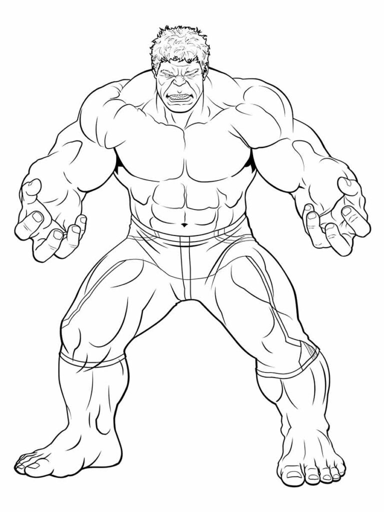 Desenho para colorir de Hulk dos Vingadores. Ele é um super-herói que se transforma em um gigante verde e forte quando fica com raiva. Ele tem superforça, resistência e capacidade de cura. Ele é interpretado por Mark Ruffalo nos filmes da Marvel