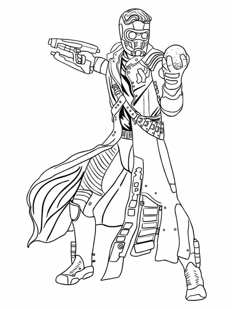 Desenho para colorir de Star-Lord, um dos líderes dos Guardiões da Galáxia e um aliado dos Vingadores. Ele é um aventureiro interestelar que usa uma máscara, uma arma e um orbe.