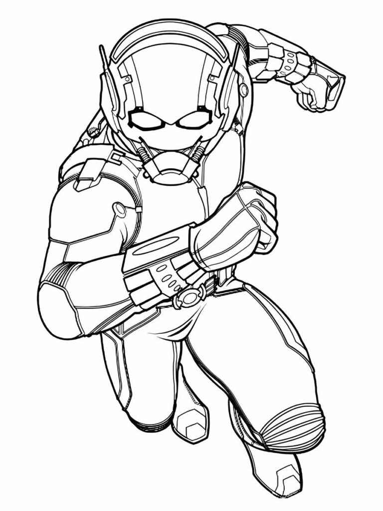 Desenho para colorir do Homem Formigade (Ant-Man), um super-herói da Marvel que pode mudar de tamanho e se comunicar com formigas. Ele usa um traje especial com um capacete e uma mochila que lhe permitem controlar seus poderes. Ele está em uma posição agachada com o braço esquerdo estendido.