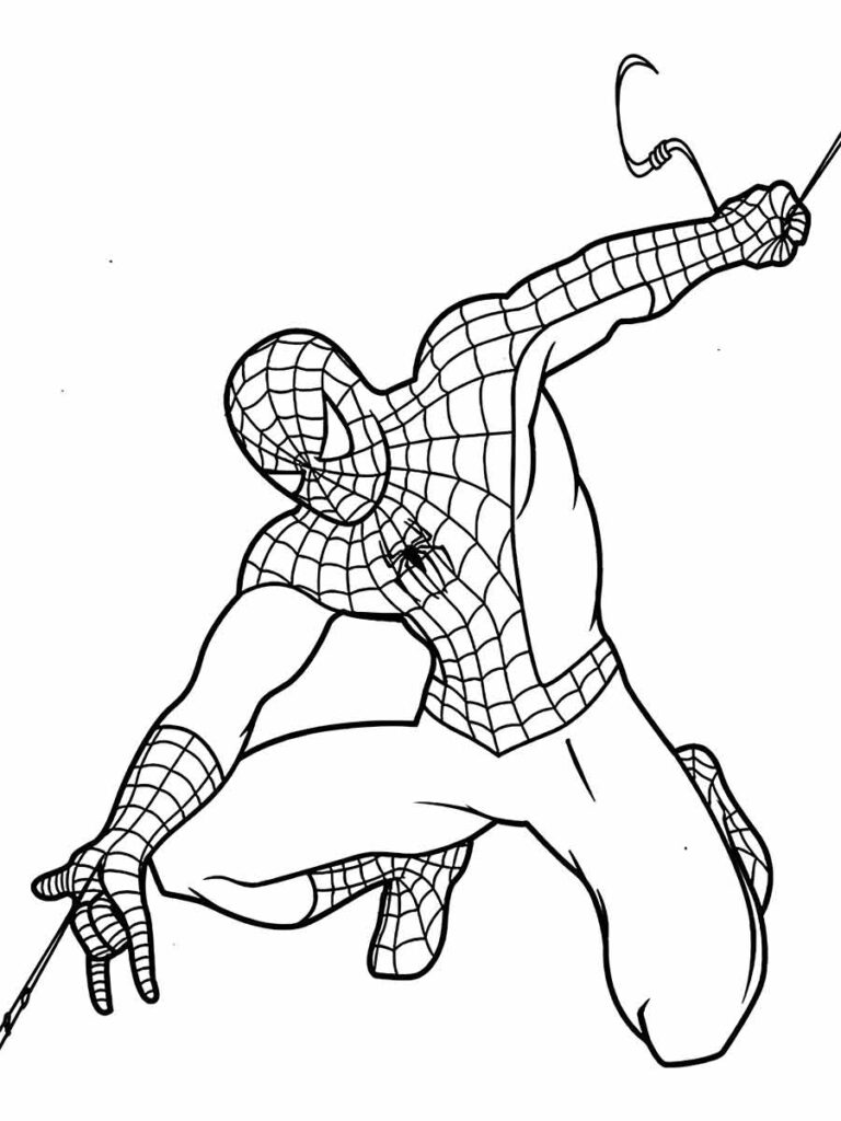 Desenho para colorir de Homem-Aranha, um dos heróis mais populares da Marvel. Ele usa um traje vermelho e azul com um padrão de teia e um símbolo de aranha no peito. Ele tem poderes de aranha, como grudar nas paredes, lançar teias e sentir o perigo.