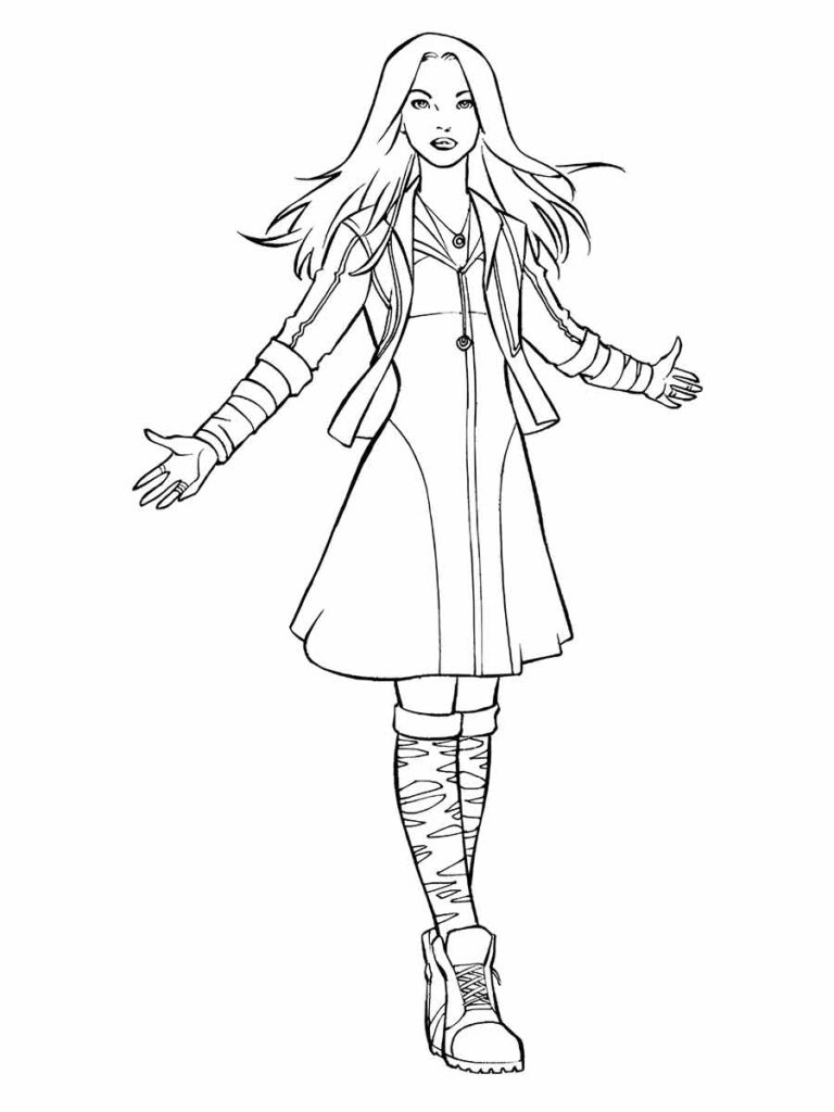 Desenho para colorir de Wanda Maximoff, também conhecida como Feiticeira Escarlate, uma personagem dos Vingadores que é uma poderosa usuária de magia. Ela é capaz de alterar a realidade, manipular a energia e controlar a mente. Ela veste um casaco longo, botas até o joelho e aquecedores de braço listrados.