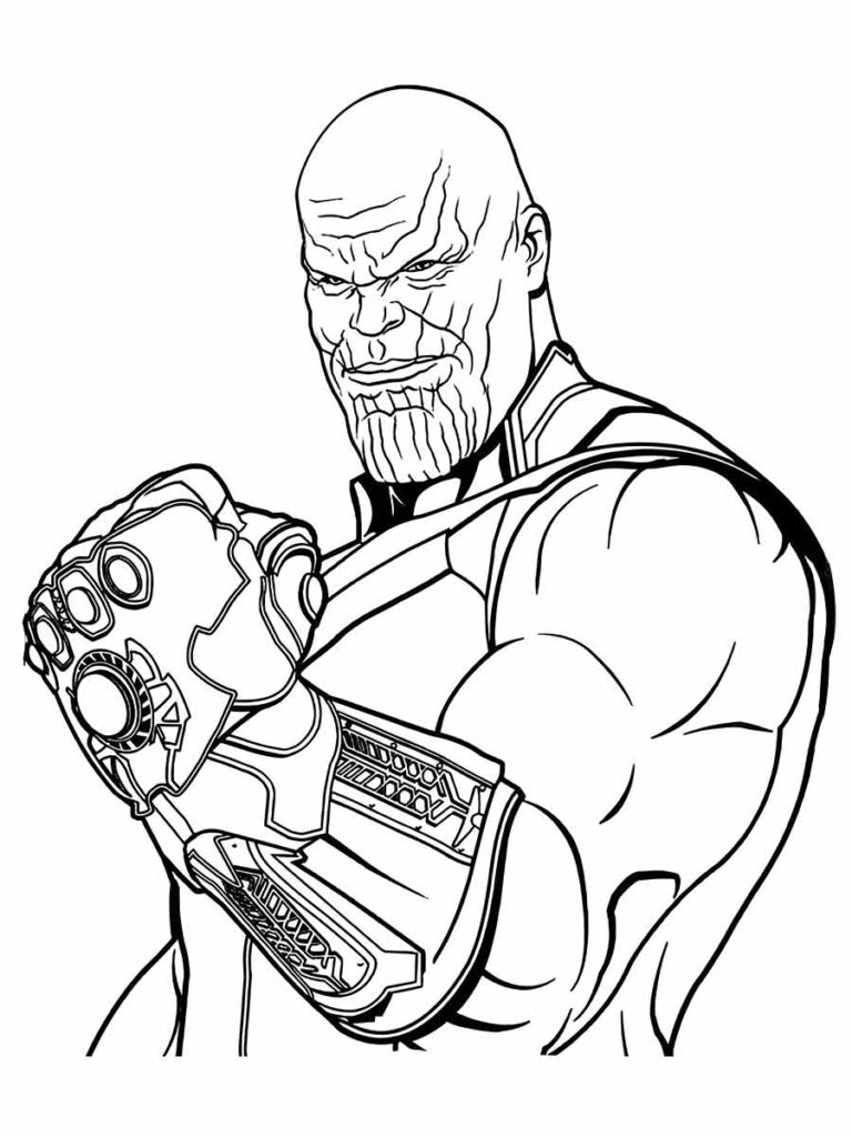 Desenho para colorir de Thanos, um personagem da Marvel. Ele é um vilão poderoso e cruel que busca coletar as seis pedras do infinito para dizimar metade da vida no universo. Ele é o principal antagonista dos Vingadores, uma equipe de super-heróis que tenta impedir seus planos. Seu nome é derivado de Tánatos, o deus grego da morte.