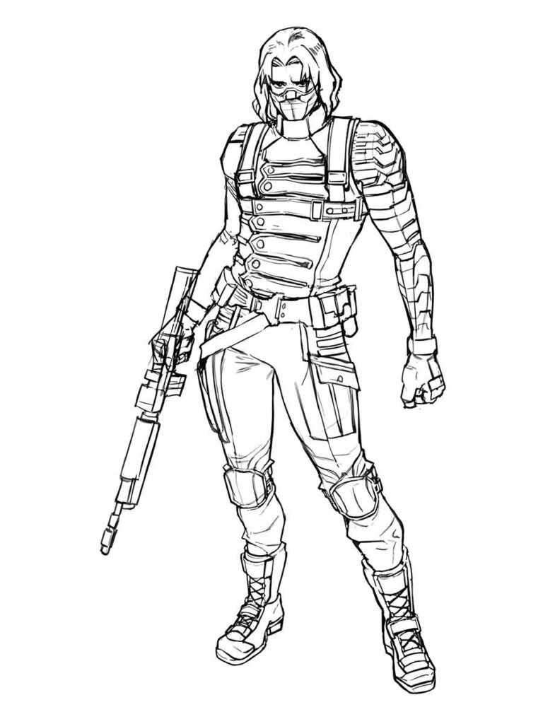 Desenho para colorir de Bucky Barnes, também conhecido como o Soldado Invernal, um personagem dos Vingadores que é o melhor amigo do Capitão América. Ele foi capturado e transformado em um assassino pela Hidra, uma organização terrorista. Ele usa um colete tático com várias tiras e bolsos.