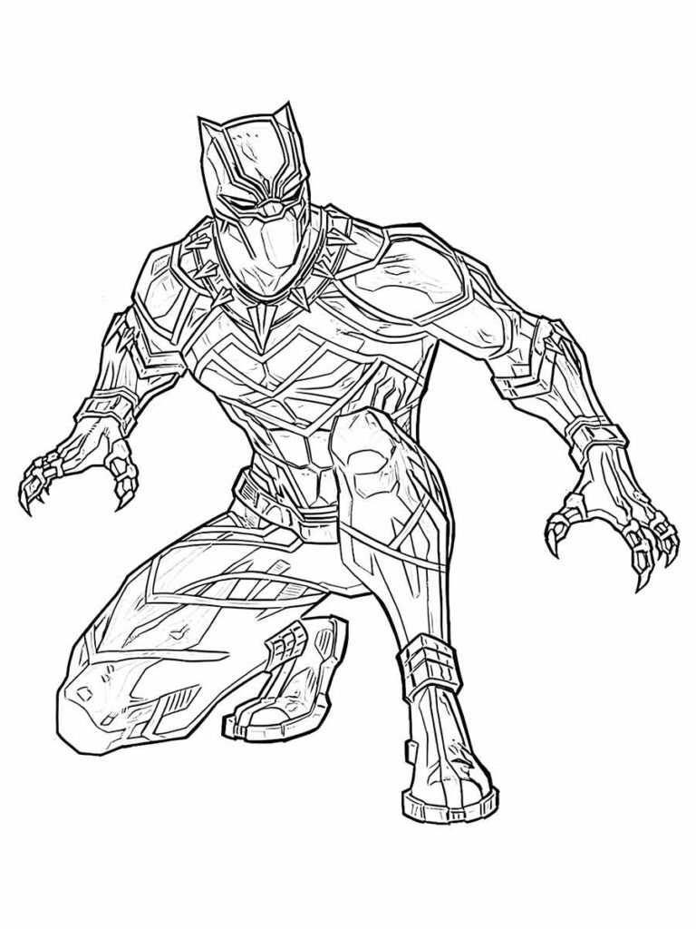 Desenho para colorir de Pantera Negra, um personagem da Marvel que é o rei e protetor de Wakanda, uma nação africana avançada e secreta. Ele usa um traje com padrões e detalhes intrincados. Ele está em uma posição agachada com seus braços estendidos.