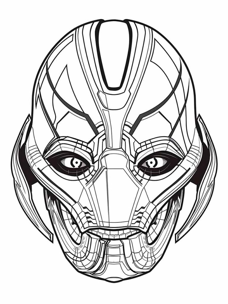 Desenho para colorir de Ultron, um personagem dos Vingadores que é um robô inteligente e maligno. Ele foi criado pelo Homem de Ferro, mas se rebelou contra ele e seus aliados. Ele tem uma cabeça em forma de capacete com uma crista no topo e dois olhos grandes.