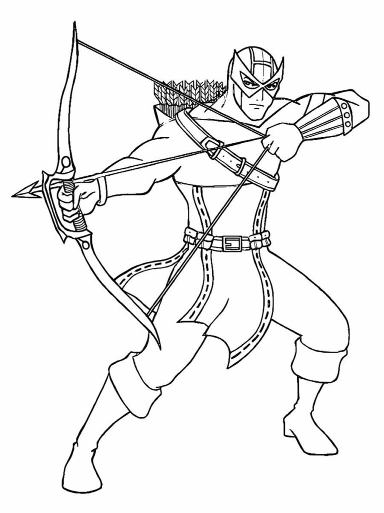 Desenho para colorir de Hawkeye, um dos Vingadores que é um arqueiro habilidoso. Ele usa um arco e flecha como suas armas principais. Ele veste seu traje característico, com um aljava de flechas em suas costas. A imagem é uma página para colorir. Seu nome verdadeiro é Clint Barton.