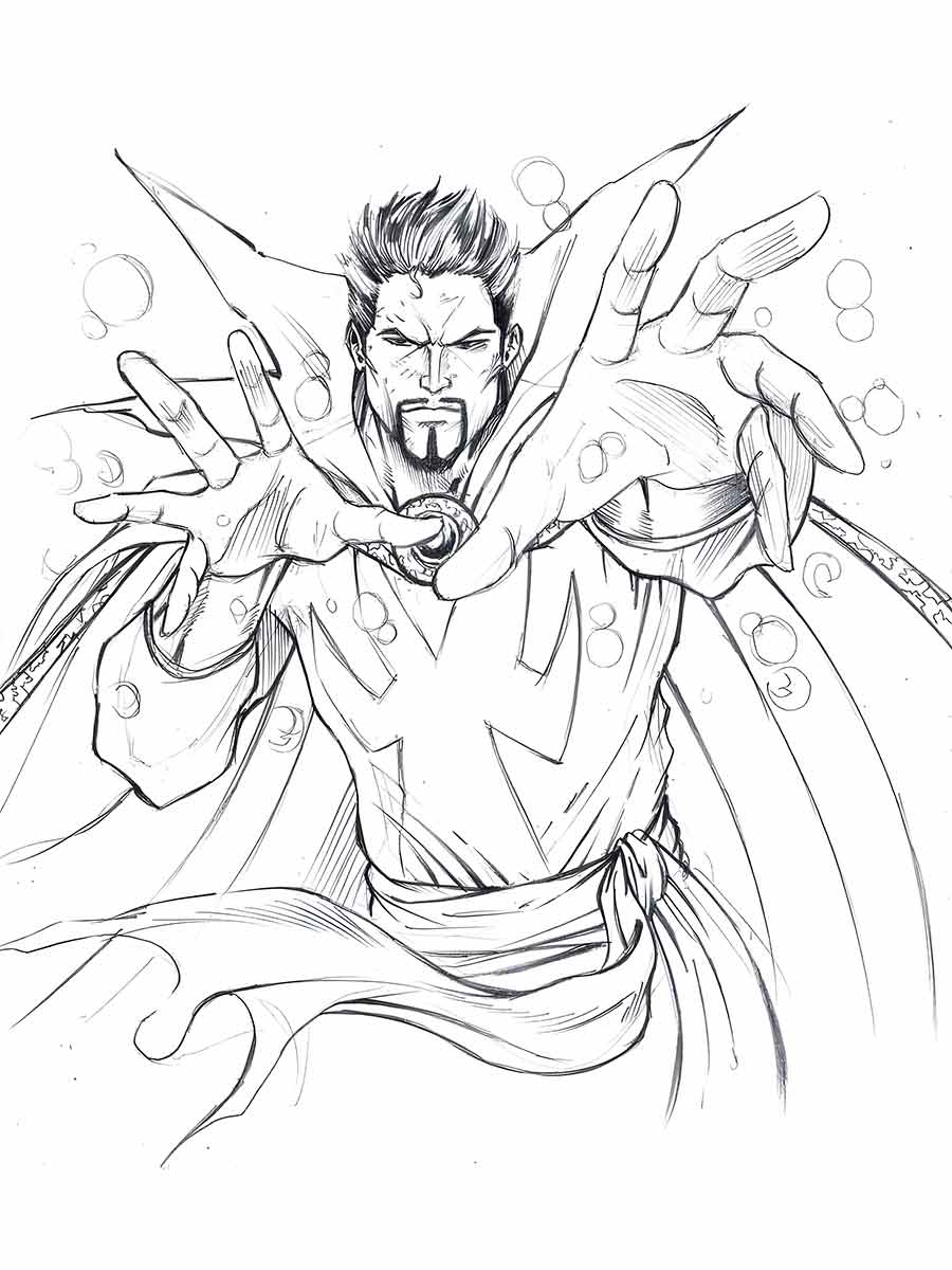 Desenho para colorir de Dr. Strange, um dos Vingadores que é um mestre das artes místicas. Ele usa um traje azul e vermelho com o Olho de Agamotto em seu pescoço. Ele está em uma pose dinâmica com seus braços estendidos e sua capa flutuando atrás dele.