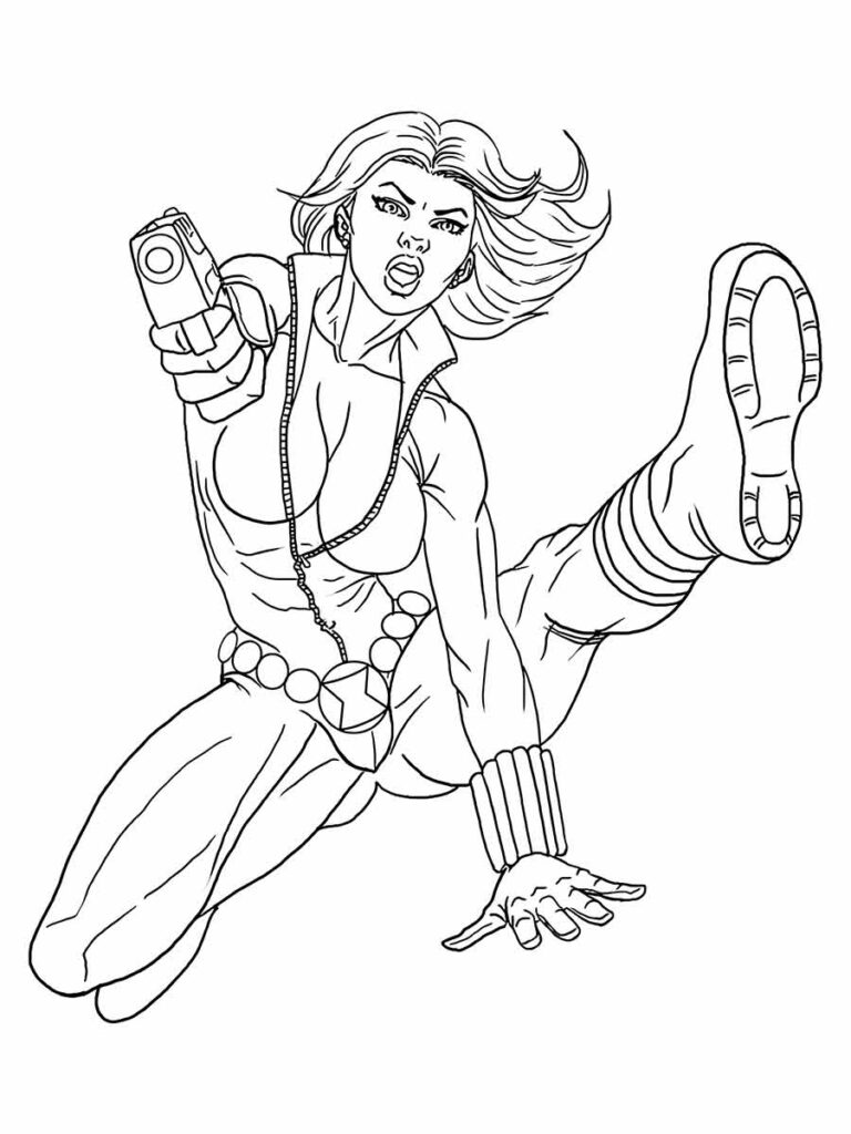 Desenho para colorir de Viúva Negra, uma personagem dos Vingadores. Ela é uma espiã e lutadora que usa uma arma e um traje justo. Ela tem cabelos longos e escuros e uma pose dinâmica. Ela é uma das heroínas mais habilidosas e inteligentes do universo Marvel.