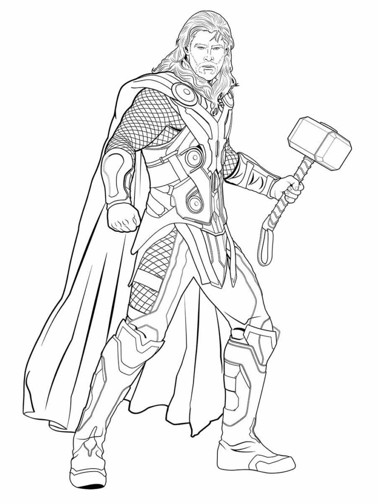 Desenho para colorir de Thor, o Deus do Trovão. Ele é um dos heróis mais poderosos dos Vingadores, que vem do reino de Asgard. Ele usa um martelo mágico chamado Mjolnir, que só pode ser levantado por quem é digno. Ele tem uma capa vermelha e um capacete com asas.