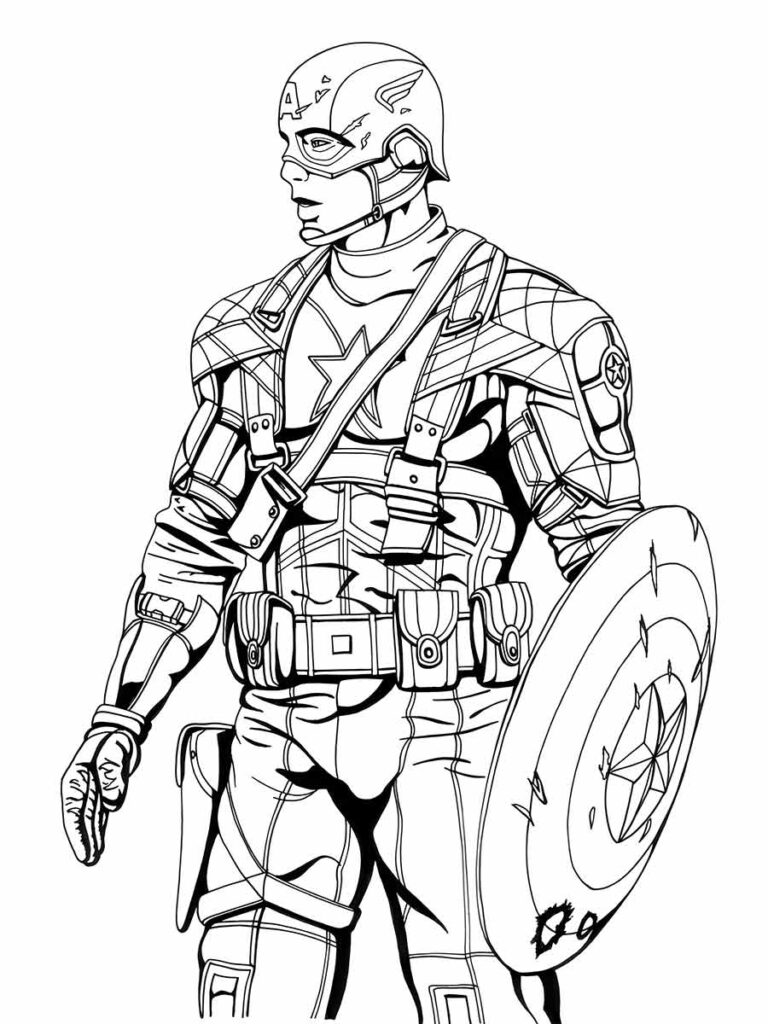 Desenho para colorir de Capitão América, um super-herói da Marvel Comics que luta contra o mal com seu escudo e sua arma. Ele é um dos membros fundadores dos Vingadores, uma equipe de heróis que protege o mundo de ameaças. Seu nome verdadeiro é Steve Rogers, um soldado que foi transformado em um super-soldado por um experimento científico durante a Segunda Guerra Mundial. Ele é um símbolo de coragem, honra e patriotismo.